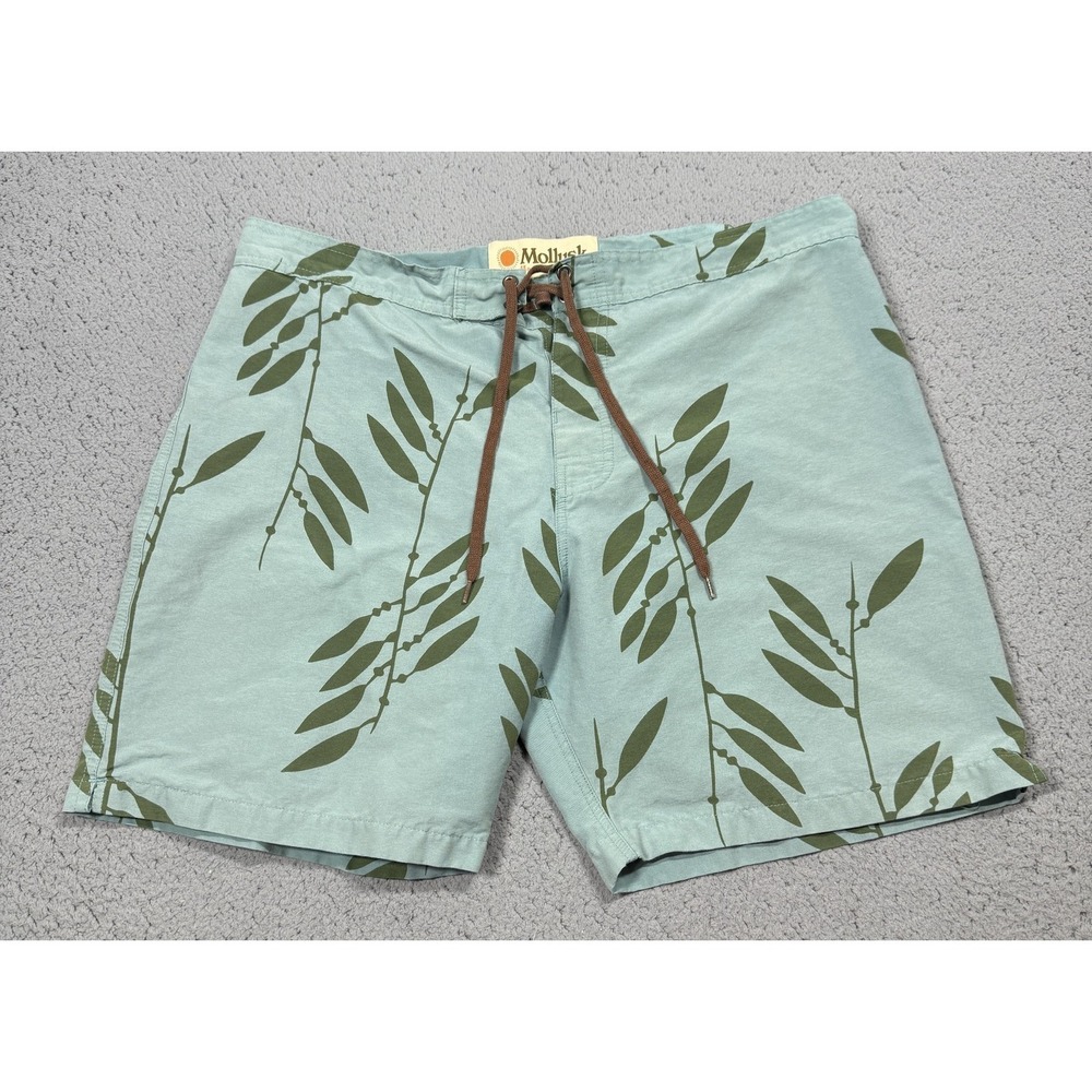 Mollusk Board Shorts Mens 34 Green Leaf Print Swim Trunks Made In USA Surf
